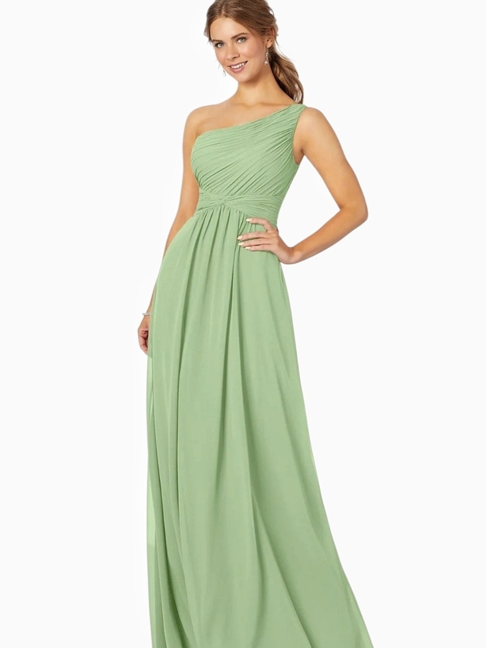 Morilee - Sage One-Shoulder Pleated Chiffon Dress